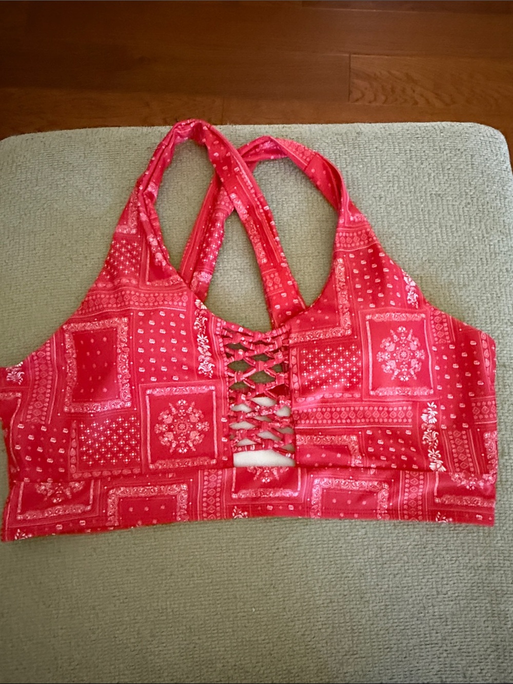 Red Bandana-Print Lace-Up Swim top